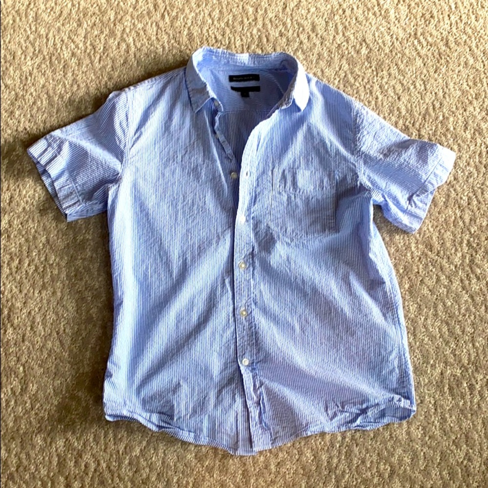 blue and white striped banana republic polo